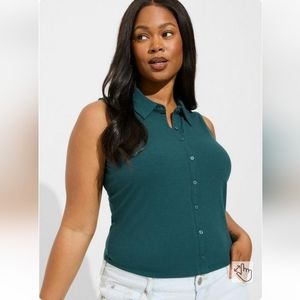 New Torrid 2X(18/20) Super Soft Rib V-Neck Collared Button-Up Crop Tank- Teal